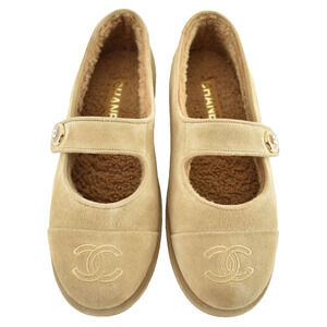 Chanel 25B Beige Suede Shearling Fur Mary Jane Moccasin Ballet Loafer Flat 38.5